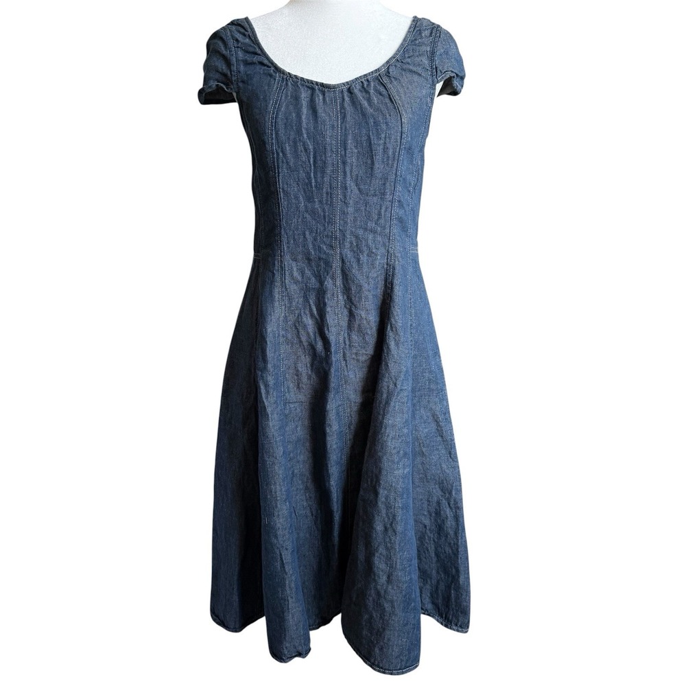 Y2K 100% Linen Denim Cap Sleeve Fit Flare Dress S/M Lagenlook Romantic Talbots